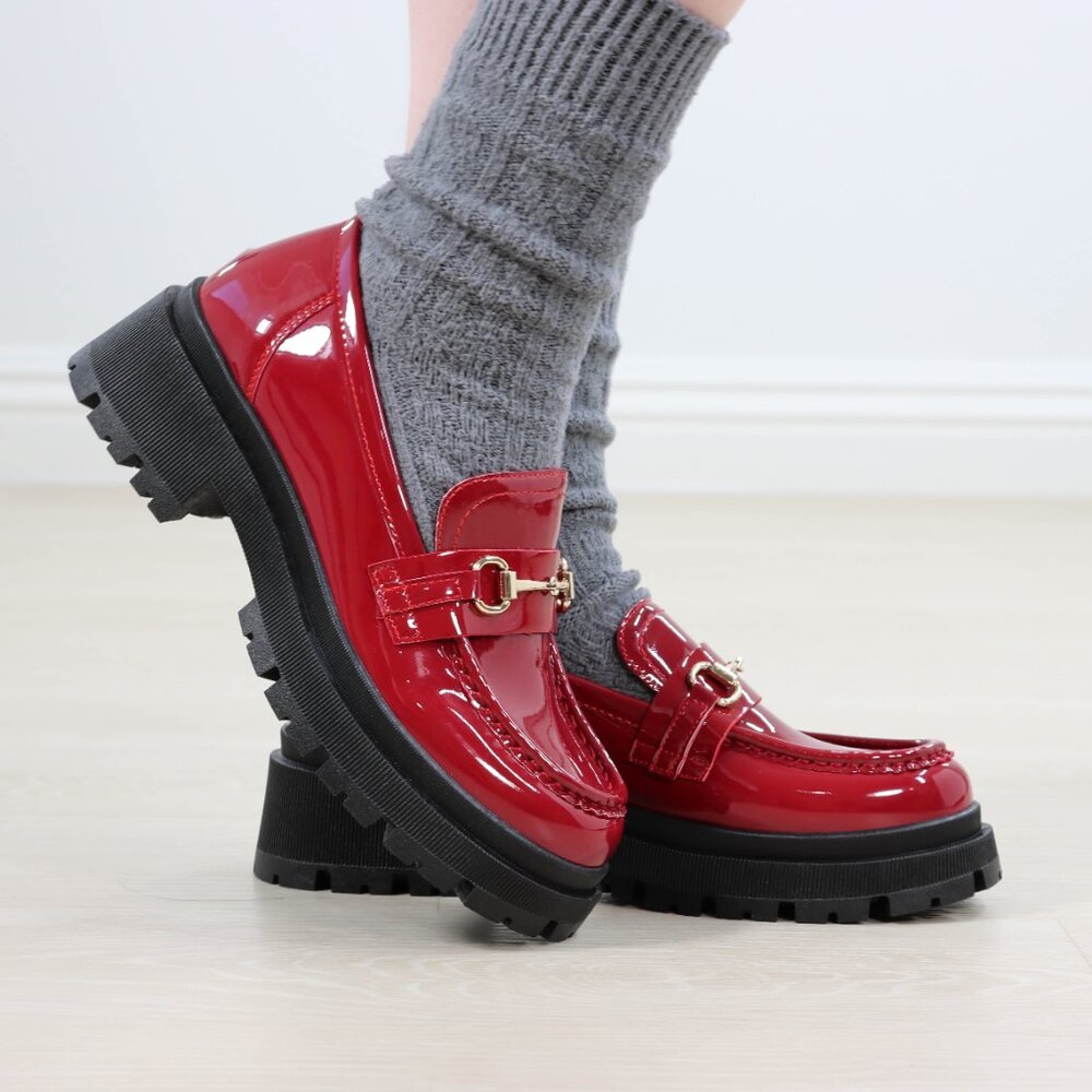 Red Patent Horsebit Loafers Chunky Platform Lug Sole Slip-Ons Grunge 90s Vibes - Picture 5 of 16